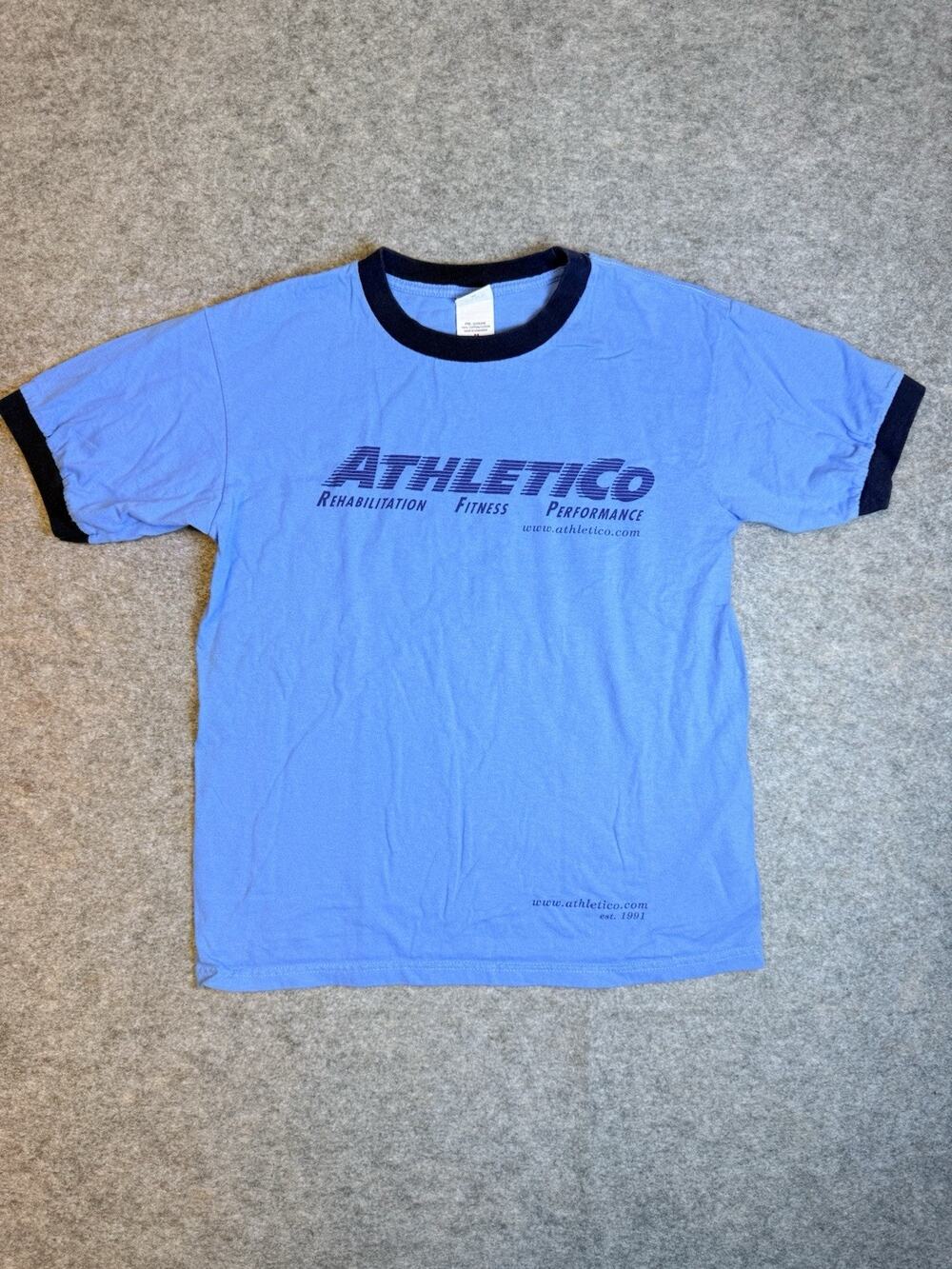 Vintage Anvil Athletico Ringer T-Shirt Mens Size M Blue Cotton Fitness Graphic
